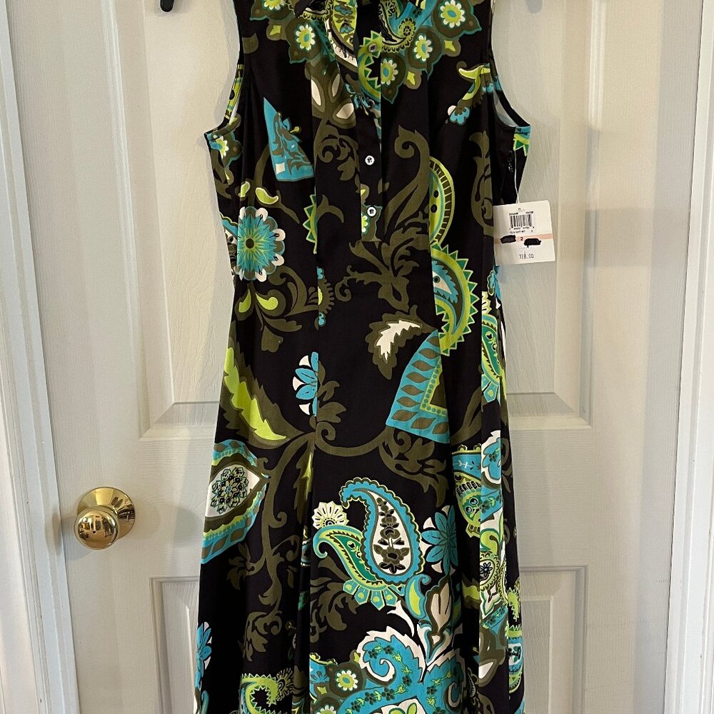 NWT Donna Morgan Black w/Blue Green Paisley Size 2 Collar Button-Down Midi